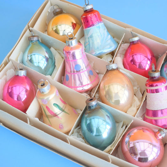 Vintage 1960s Glass Christmas Bauble Set - Boxed - Pretty Bells