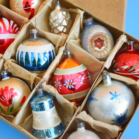 Vintage 1960s Glass Christmas Bauble Set - Boxed - Mixed Specials
