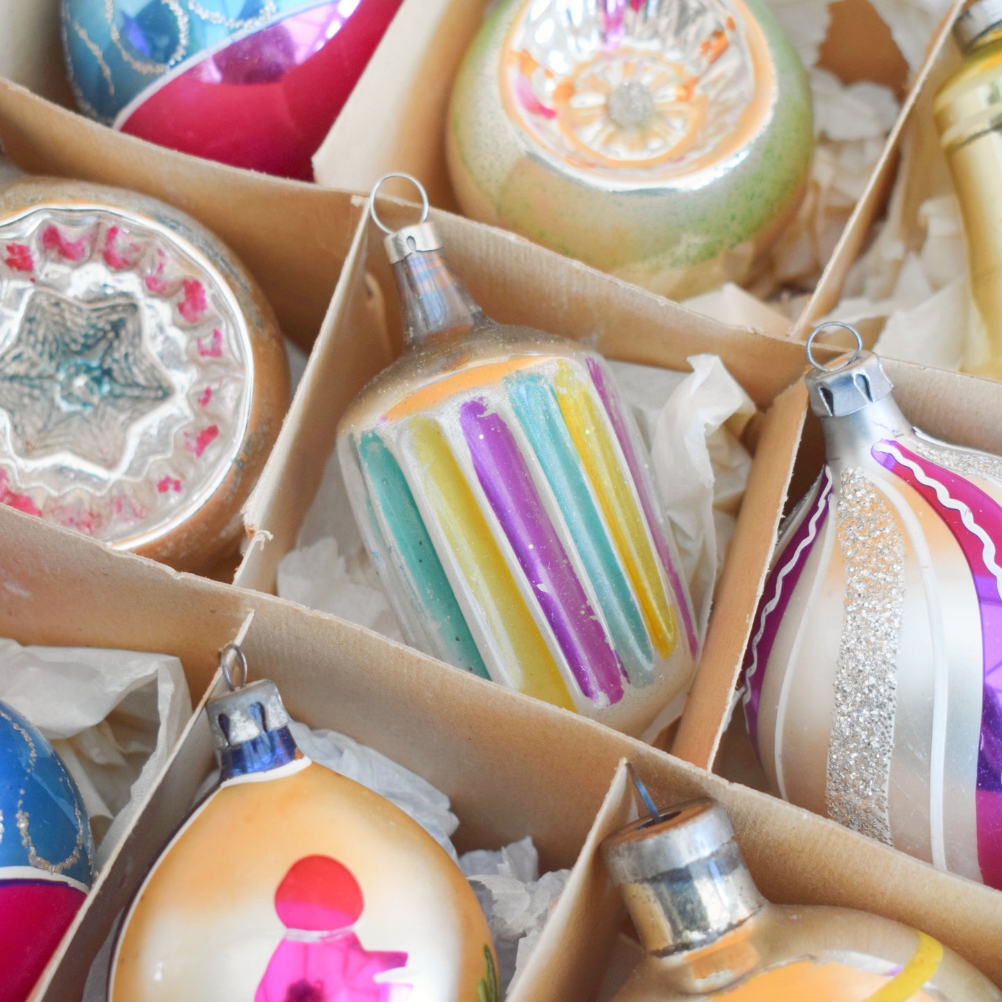 Vintage 1960s Glass Christmas Baubles - Boxed - Mixed Specials -Larger .