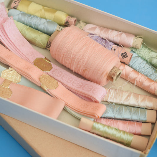 Vintage 1950s Sewing Bits- Pastel Silks/ Metal knitting Needles
