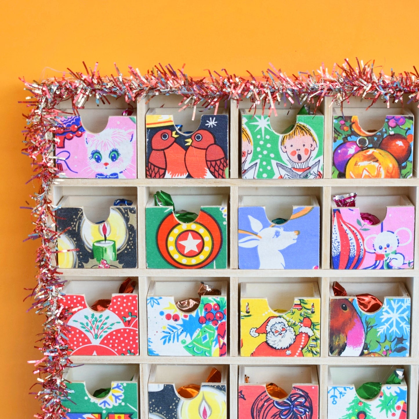 Unique Wooden Multi Drawer Filled Advent Calendar - Vintage Papers - Patchwork - Filled (Pink)