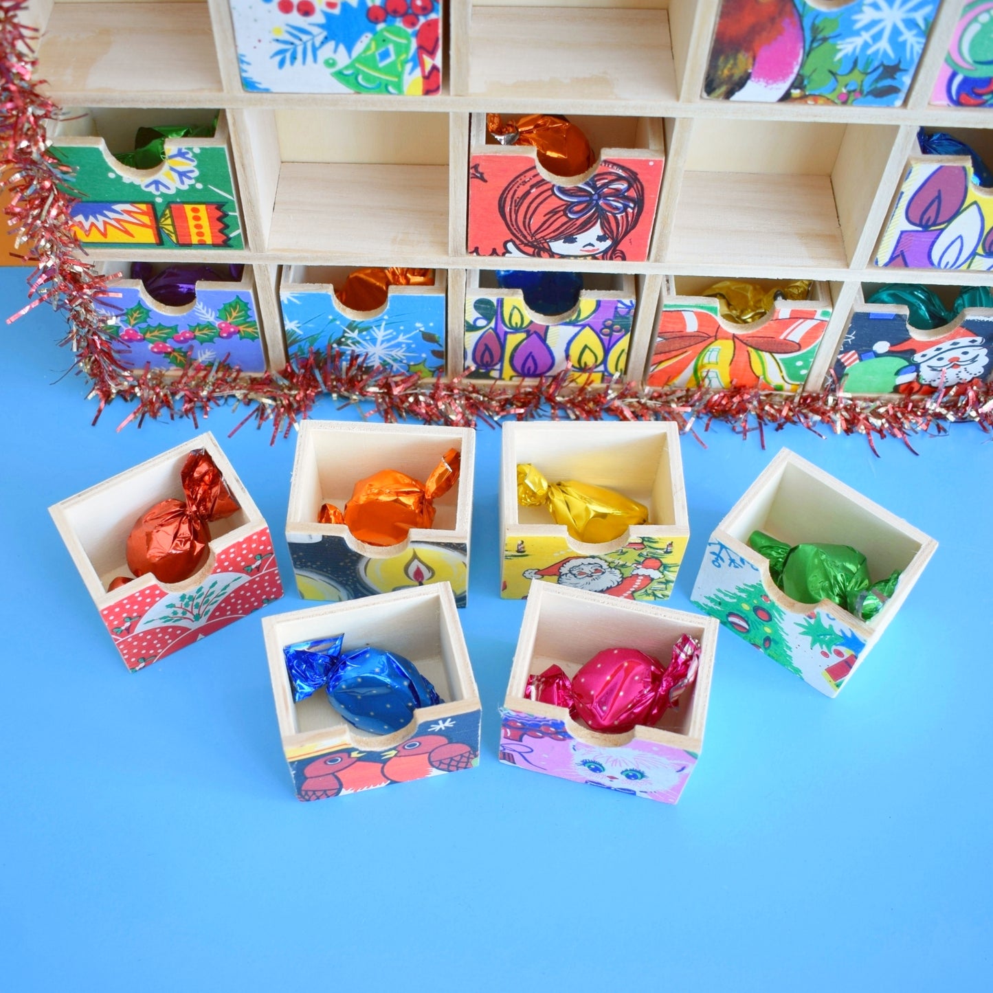 Unique Wooden Multi Drawer Filled Advent Calendar - Vintage Papers - Patchwork - Filled (Pink)