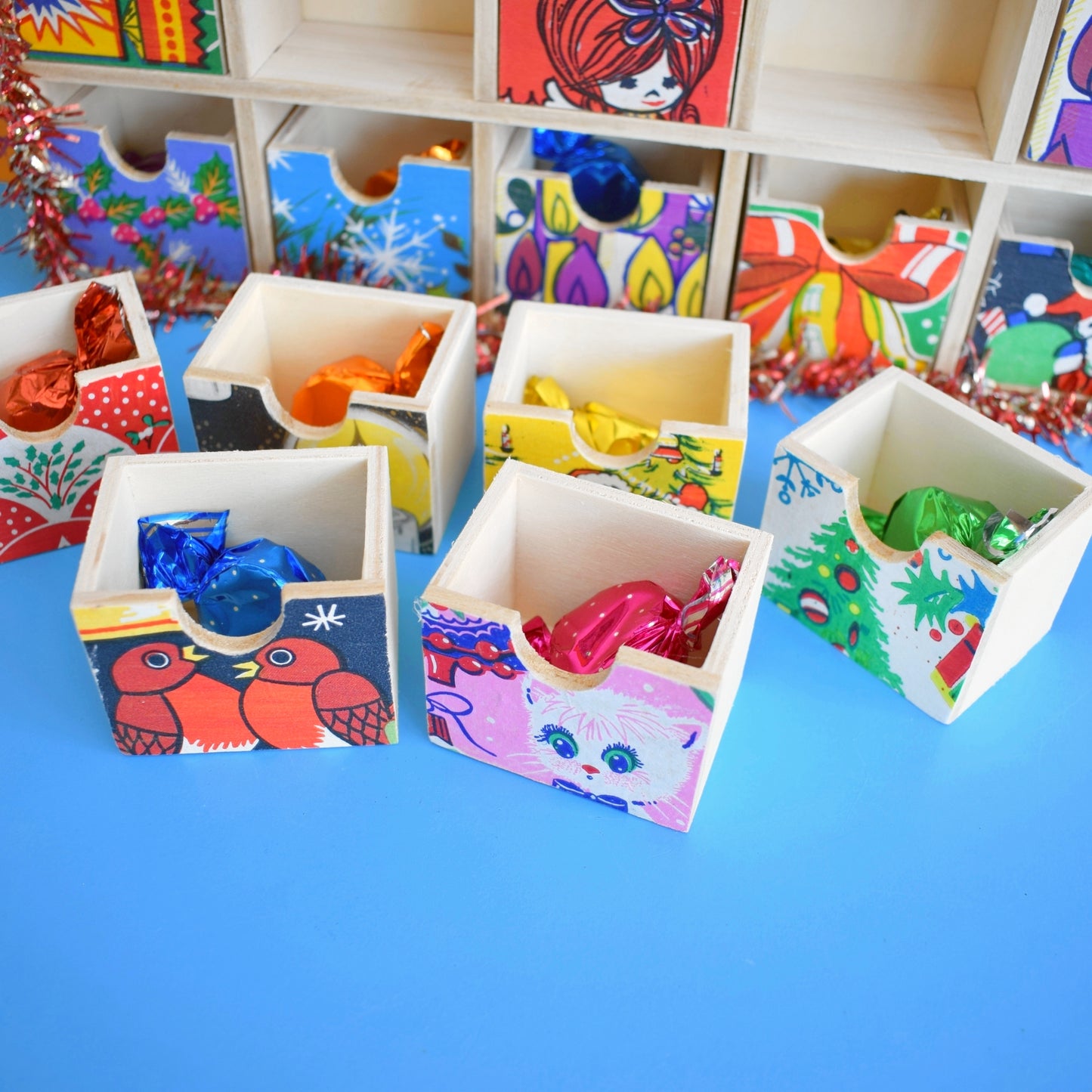 Unique Wooden Multi Drawer Filled Advent Calendar - Vintage Papers - Patchwork - Filled (Pink)