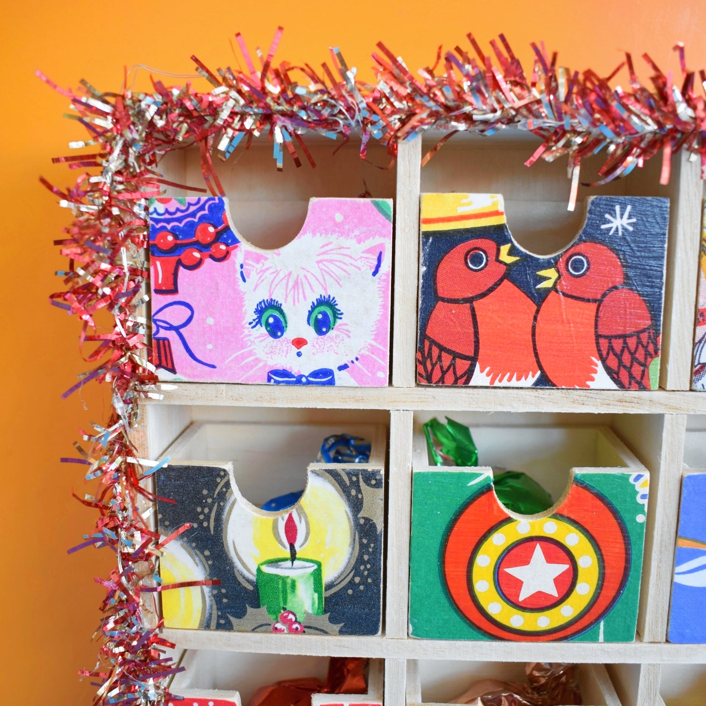 Unique Wooden Multi Drawer Filled Advent Calendar - Vintage Papers - Patchwork - Filled (Pink)