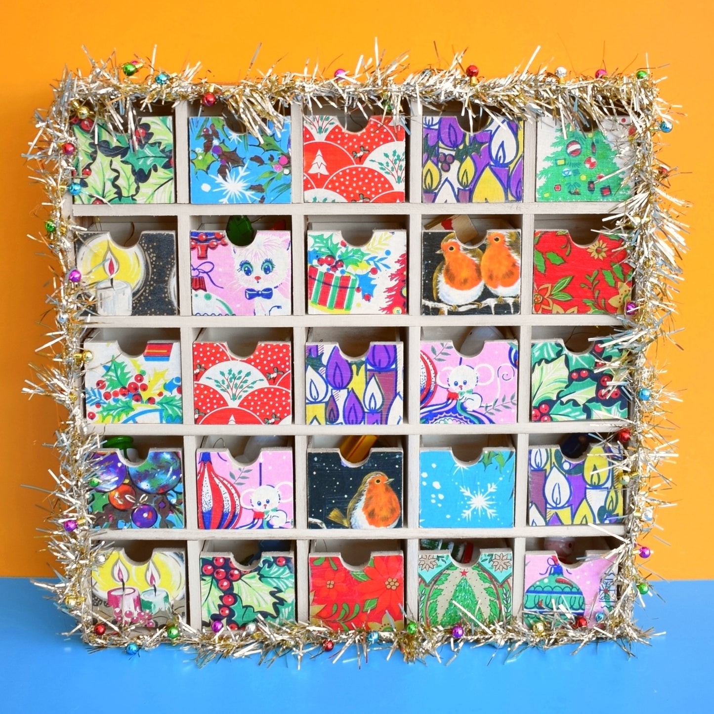 Unique Wooden Multi Drawer Filled Advent Calendar - Vintage Papers - Patchwork - Filled ..