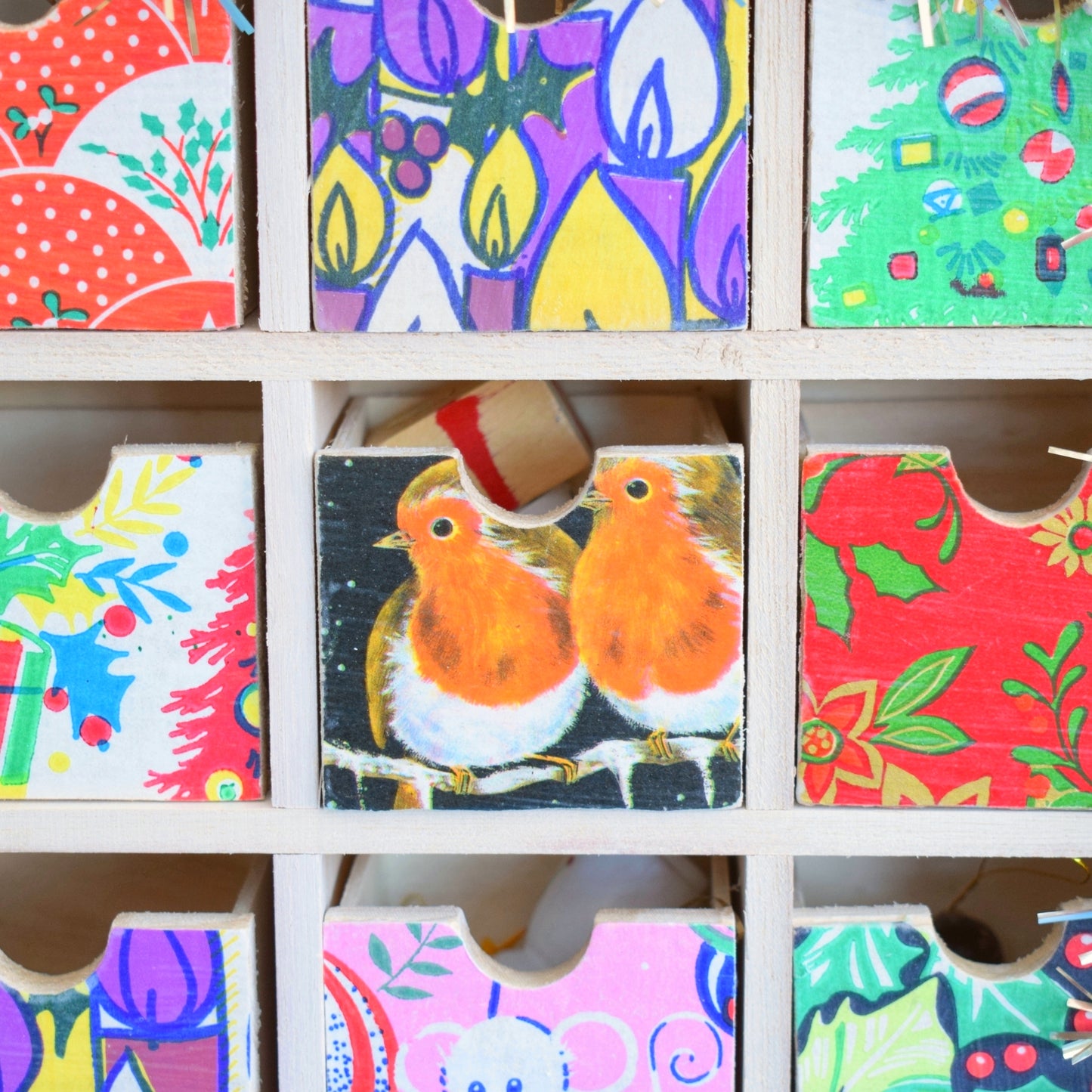 Unique Wooden Multi Drawer Filled Advent Calendar - Vintage Papers - Patchwork - Filled ..