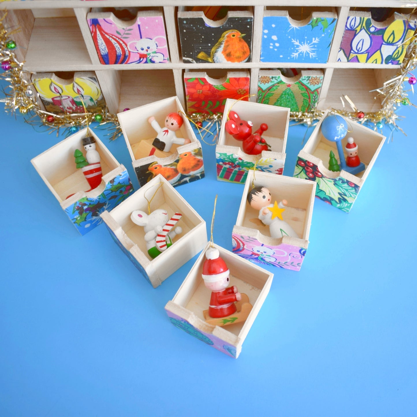 Unique Wooden Multi Drawer Filled Advent Calendar - Vintage Papers - Patchwork - Filled ..