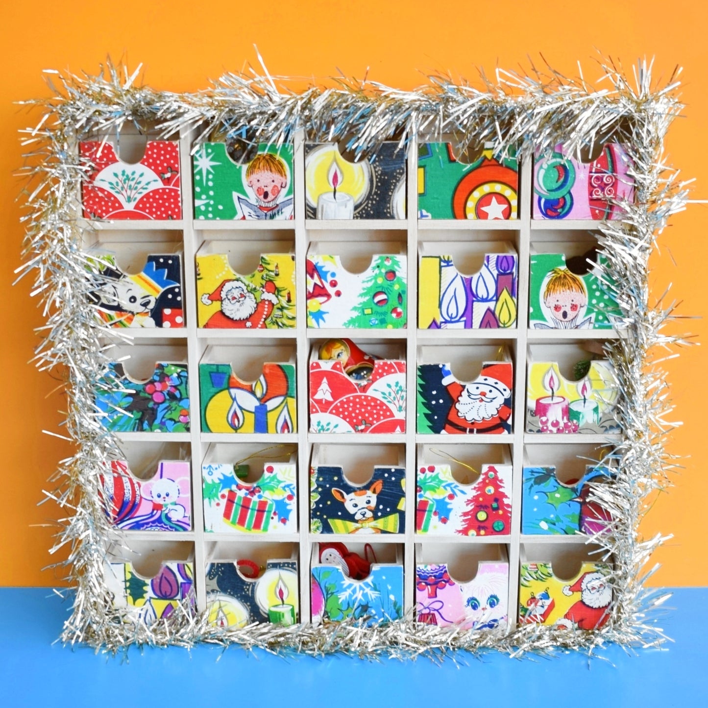 Unique Wooden Multi Drawer Filled Advent Calendar - Vintage Papers - Patchwork - Filled .