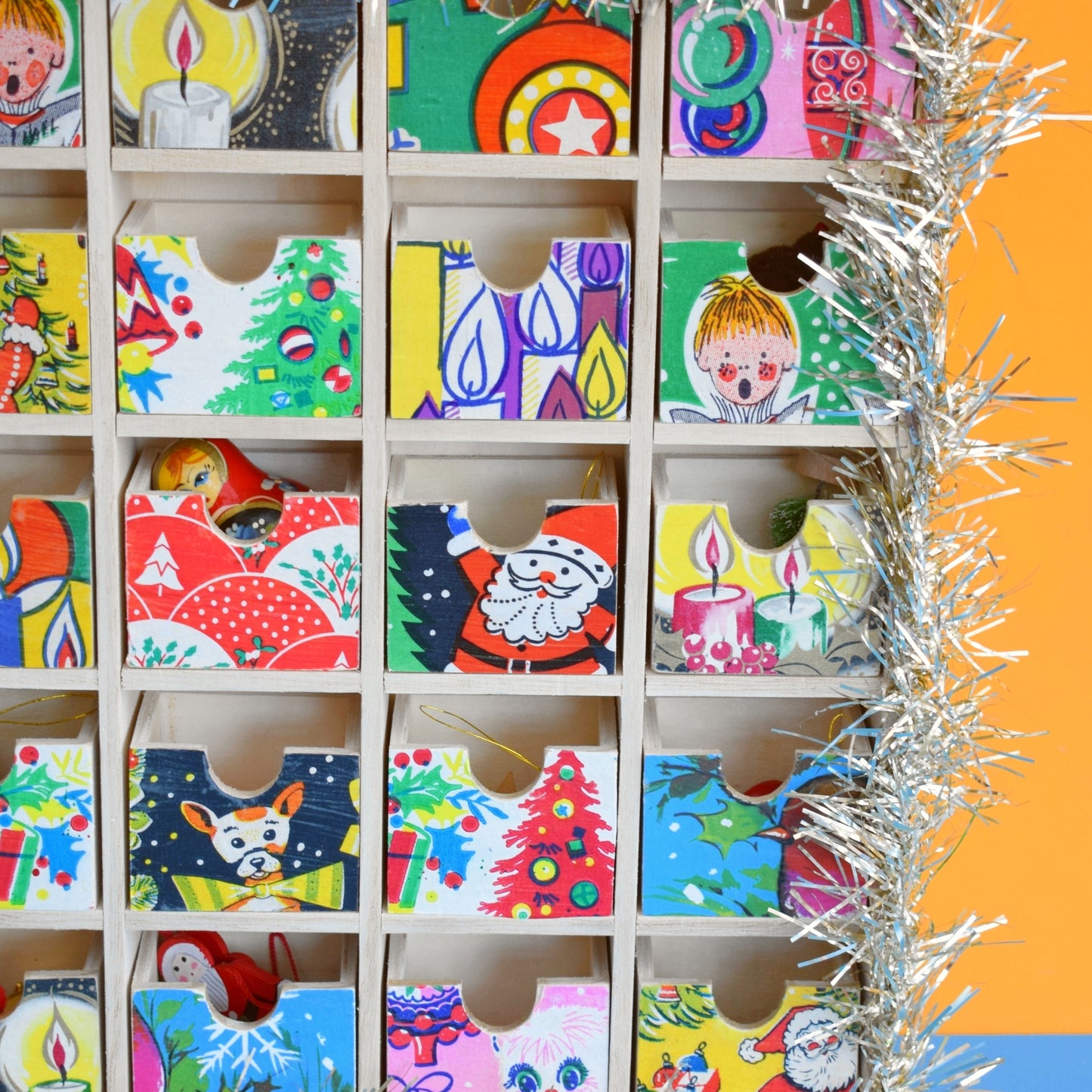 Unique Wooden Multi Drawer Filled Advent Calendar - Vintage Papers - Patchwork - Filled .