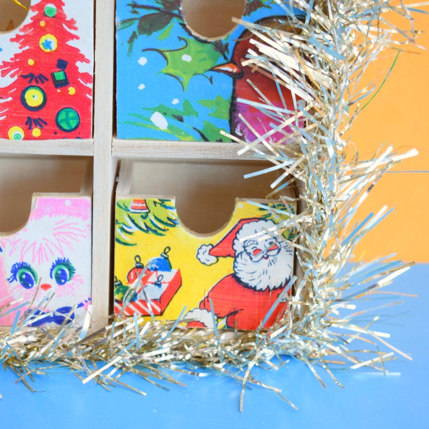 Unique Wooden Multi Drawer Filled Advent Calendar - Vintage Papers - Patchwork - Filled .