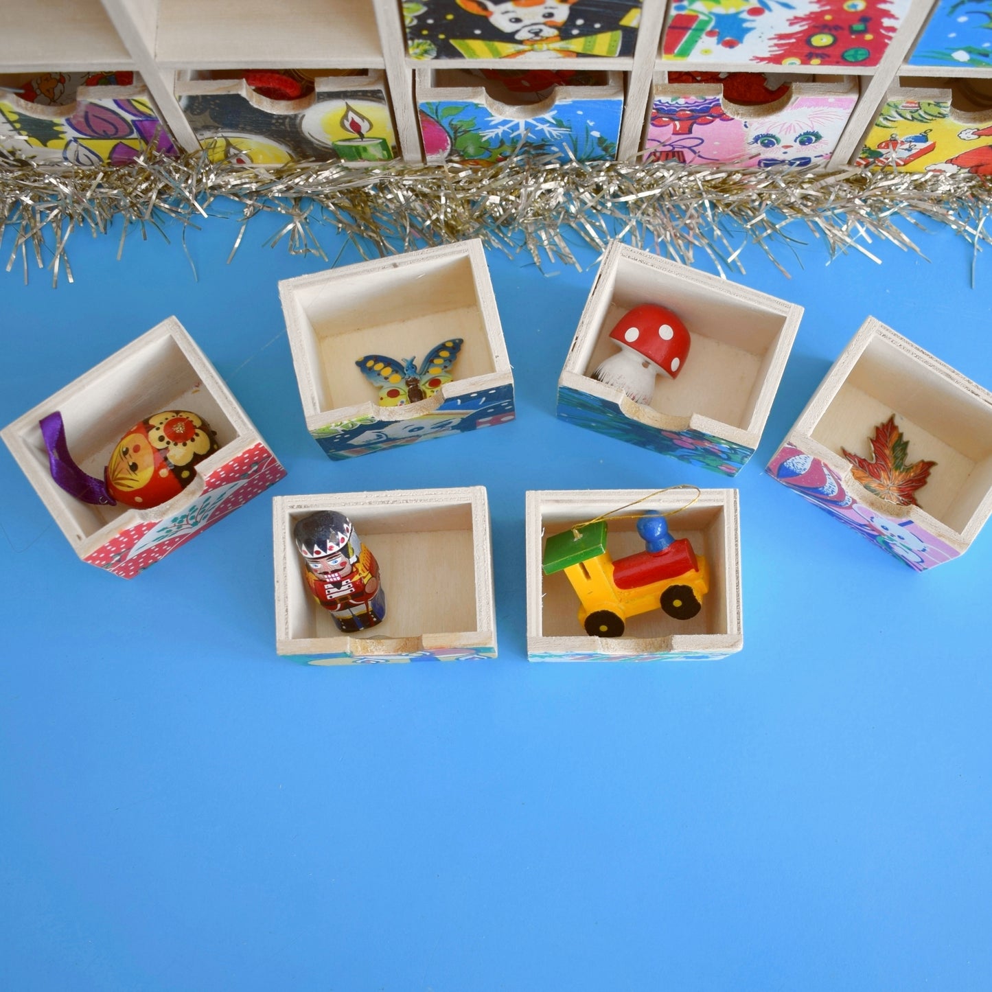 Unique Wooden Multi Drawer Filled Advent Calendar - Vintage Papers - Patchwork - Filled .