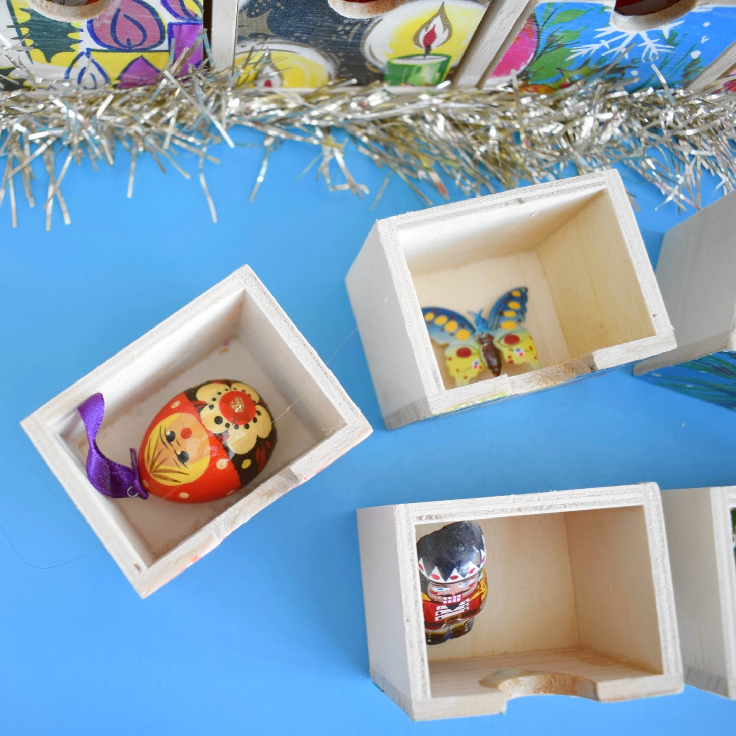 Unique Wooden Multi Drawer Filled Advent Calendar - Vintage Papers - Patchwork - Filled .