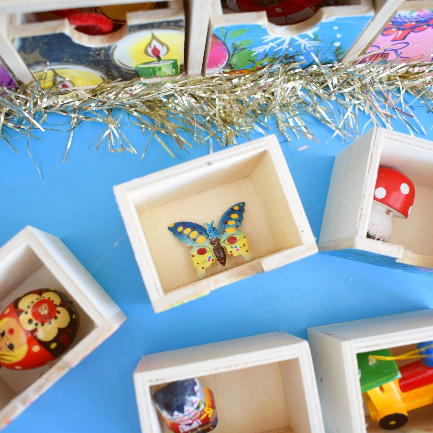 Unique Wooden Multi Drawer Filled Advent Calendar - Vintage Papers - Patchwork - Filled .