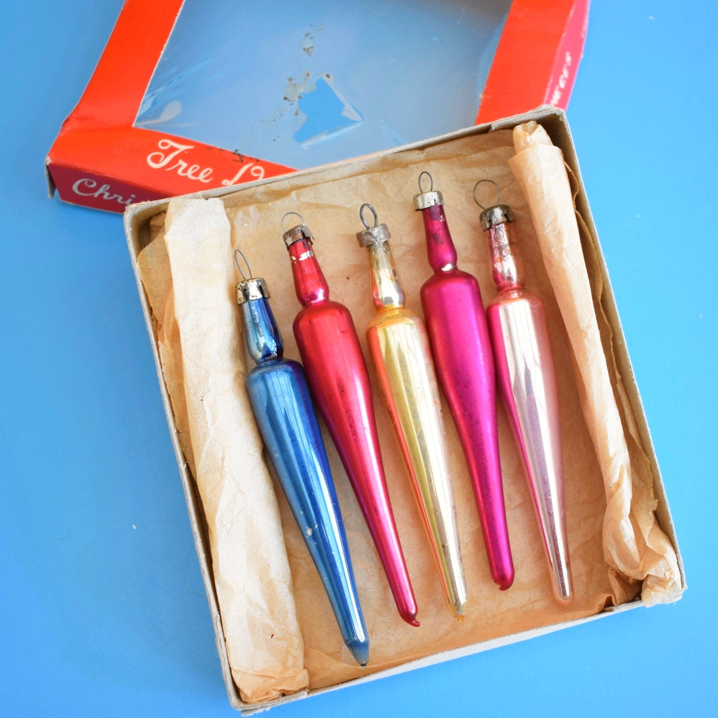 Vintage 1960s Glass Special Christmas Baubles - Tapered Sticks ? Boxed