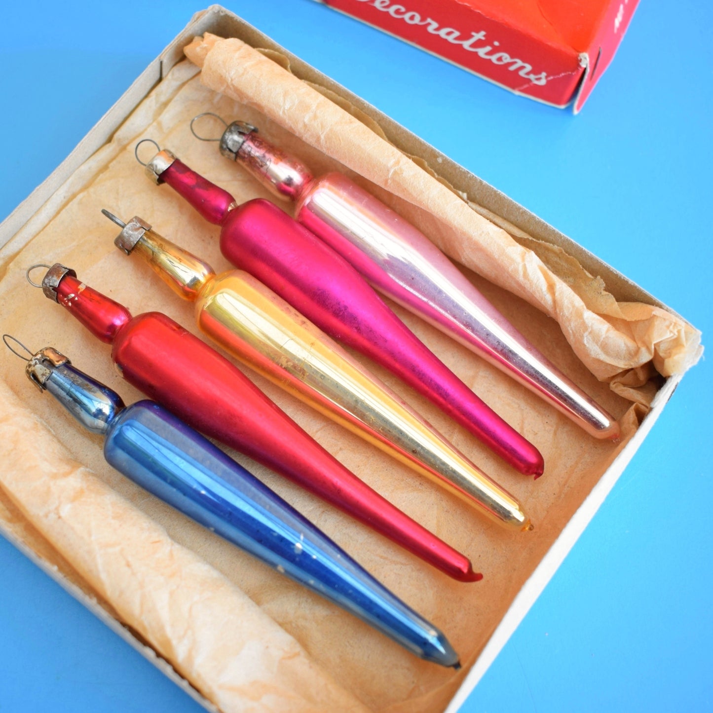 Vintage 1960s Glass Special Christmas Baubles - Tapered Sticks ? Boxed