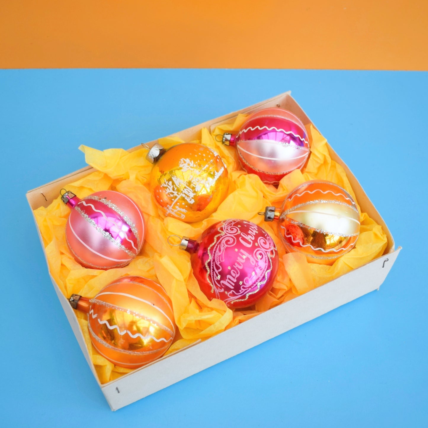 Vintage 1970s Glass Christmas Baubles - Medium - Pink & Yellow/ Gold