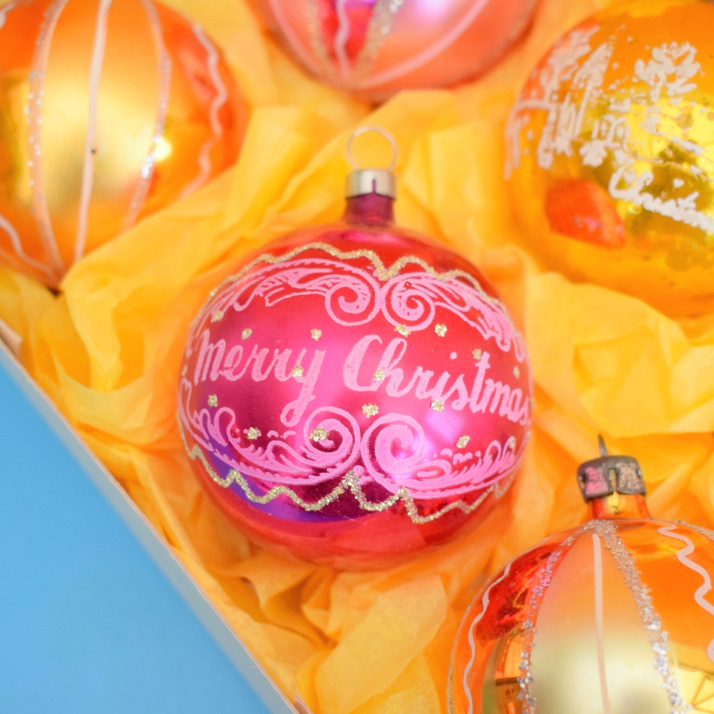 Vintage 1970s Glass Christmas Baubles - Medium - Pink & Yellow/ Gold