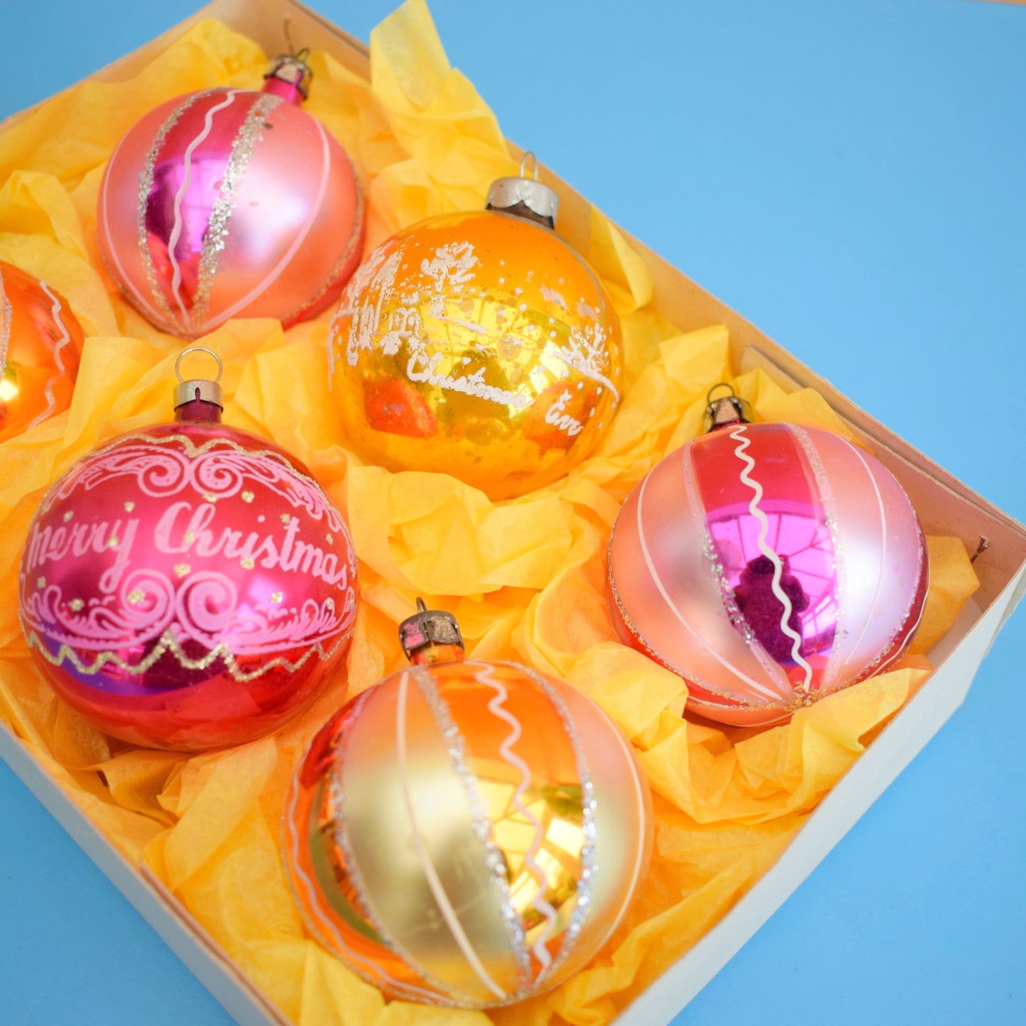 Vintage 1970s Glass Christmas Baubles - Medium - Pink & Yellow/ Gold