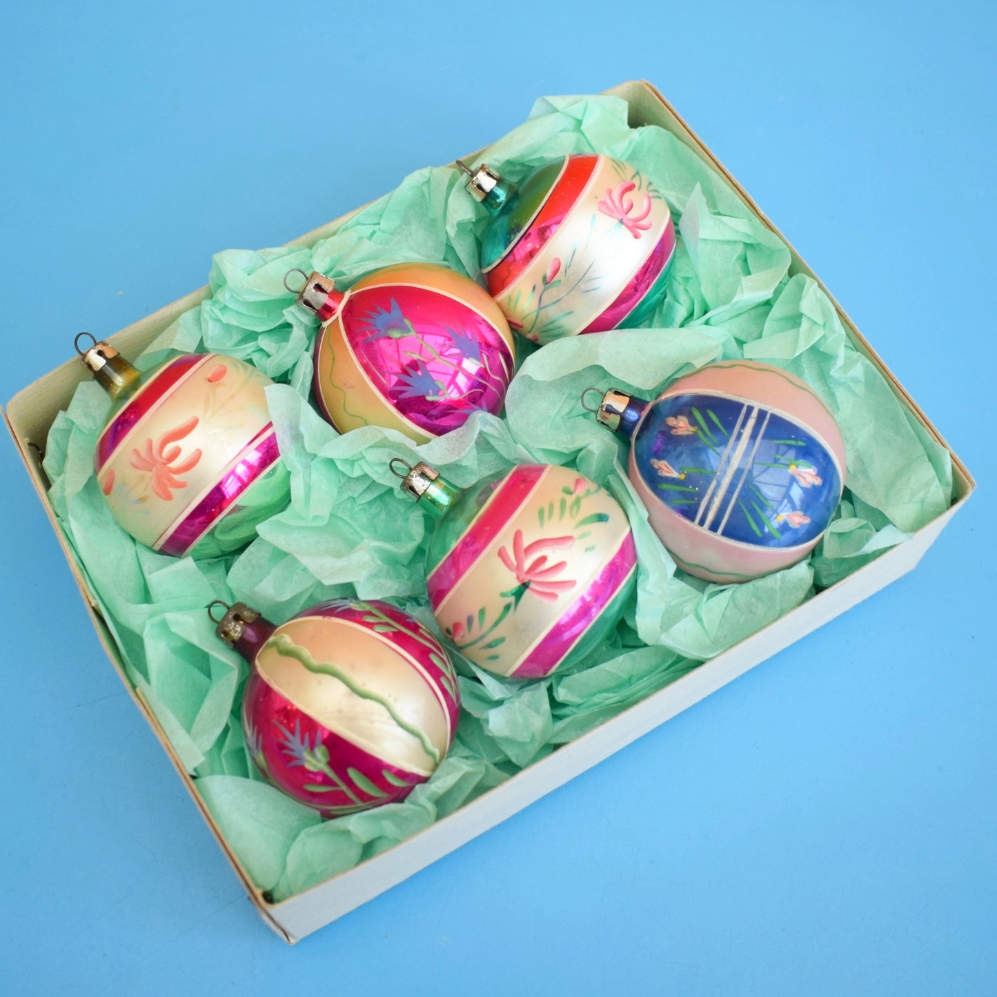 Vintage 1960s Glass Christmas Baubles - Medium - Hand Painted Flowers