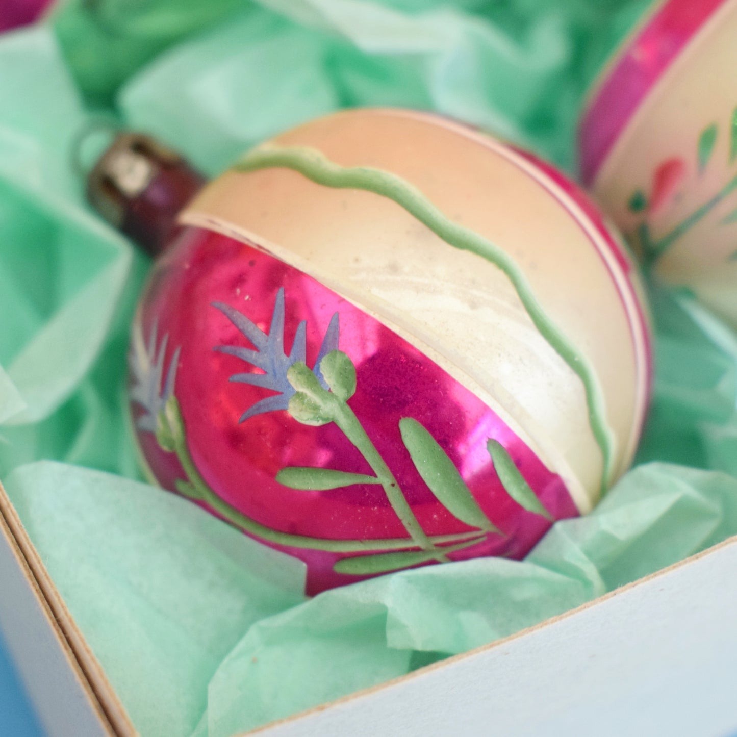 Vintage 1960s Glass Christmas Baubles - Medium - Hand Painted Flowers