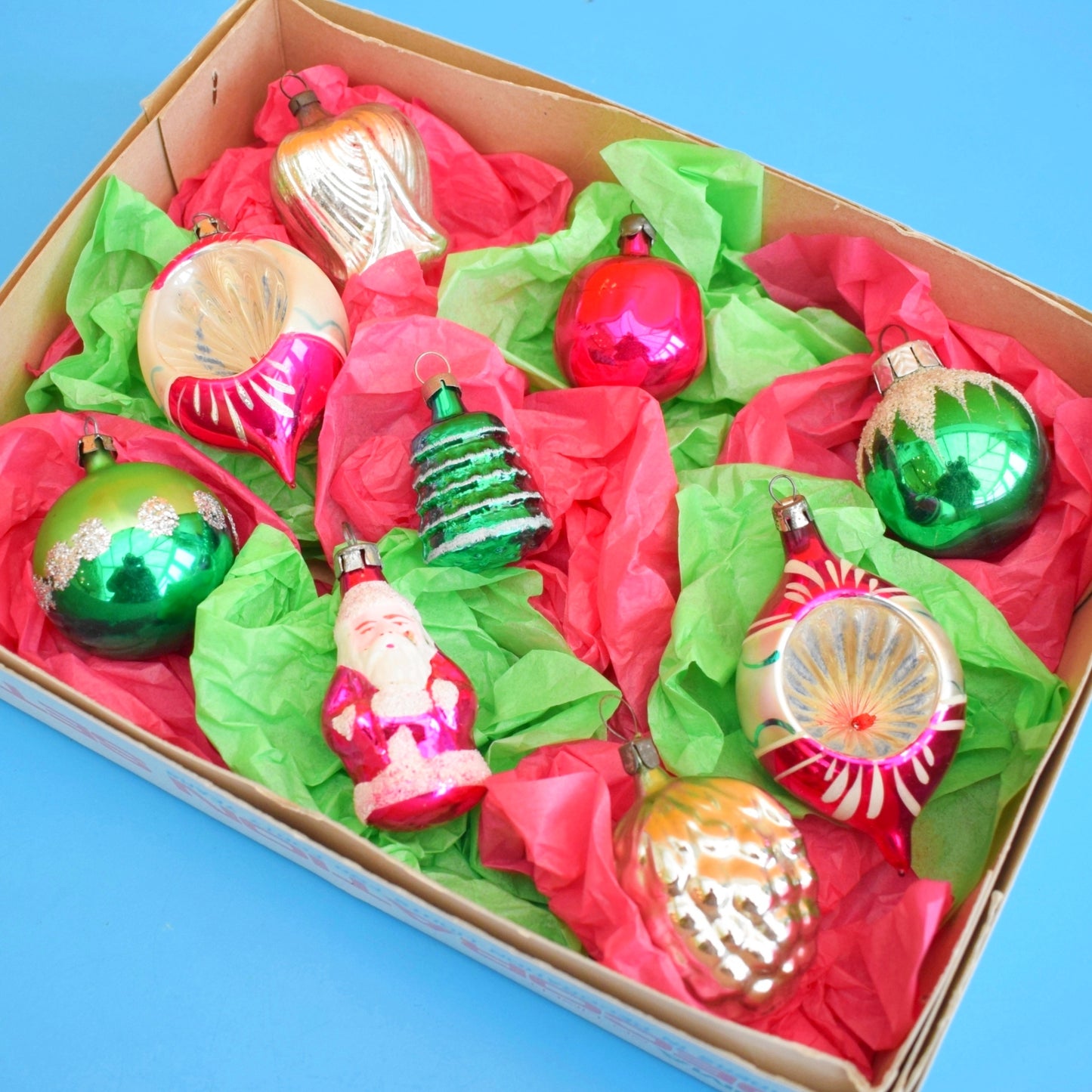 Vintage 1960s / 70s Glass Christmas Baubles - Small - Mixed Pink & Green