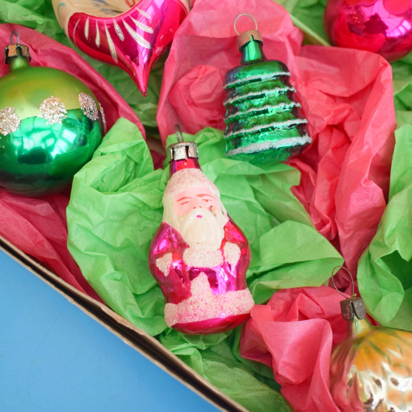 Vintage 1960s / 70s Glass Christmas Baubles - Small - Mixed Pink & Green