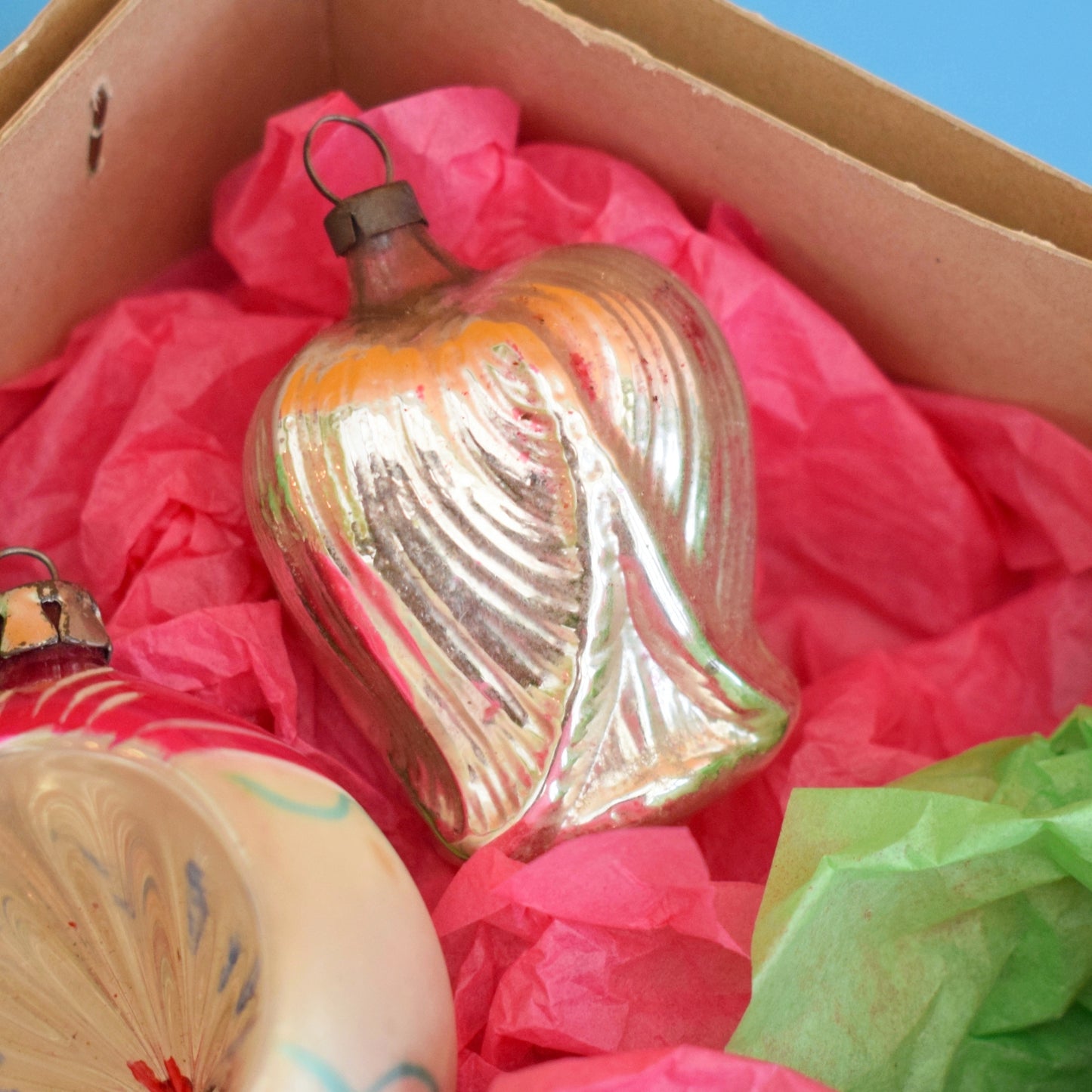 Vintage 1960s / 70s Glass Christmas Baubles - Small - Mixed Pink & Green