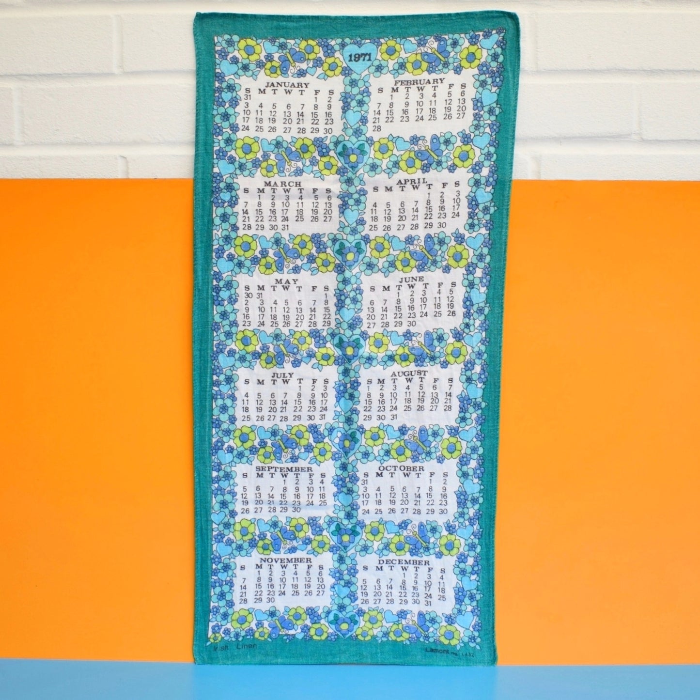 Vintage 1970s Cotton Tea Towel - Calendar - Flower Power 1971