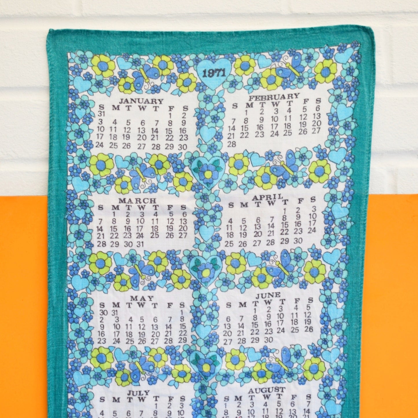 Vintage 1970s Cotton Tea Towel - Calendar - Flower Power 1971