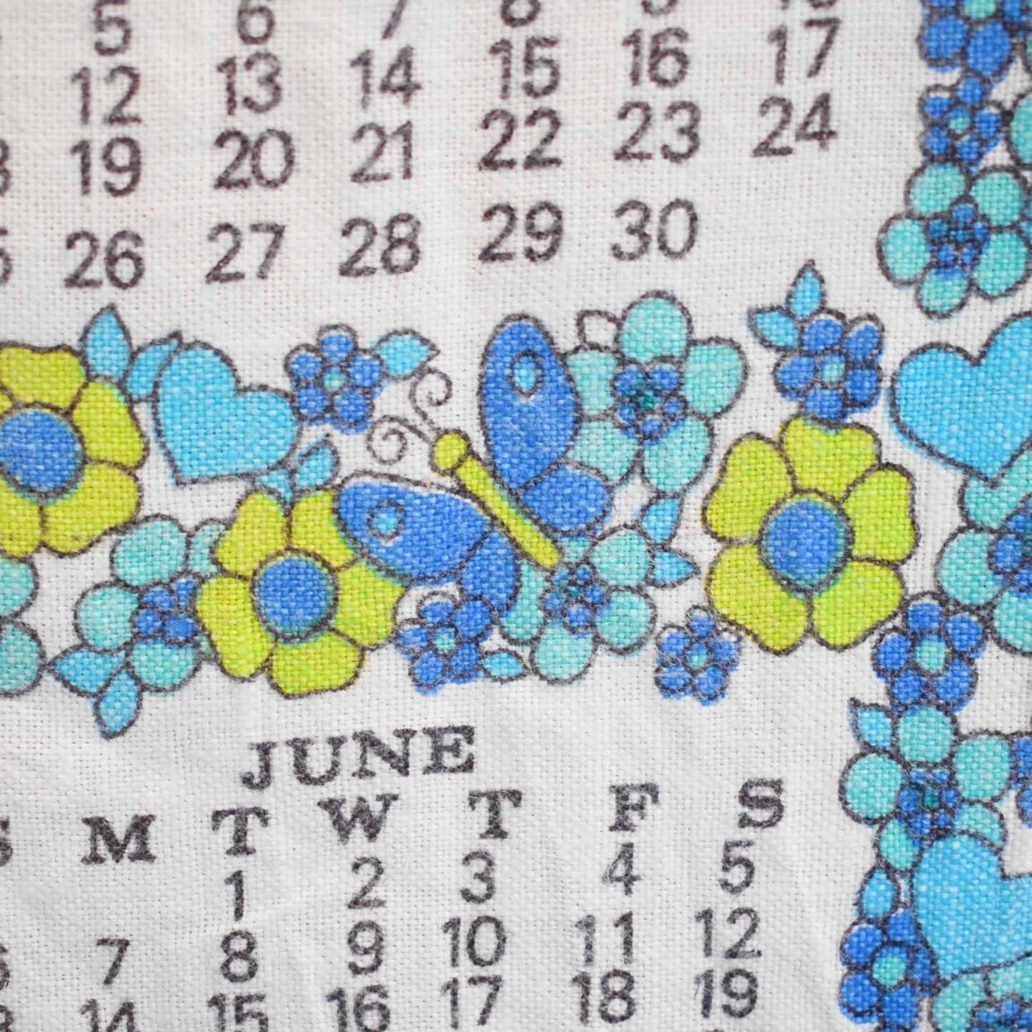 Vintage 1970s Cotton Tea Towel - Calendar - Flower Power 1971