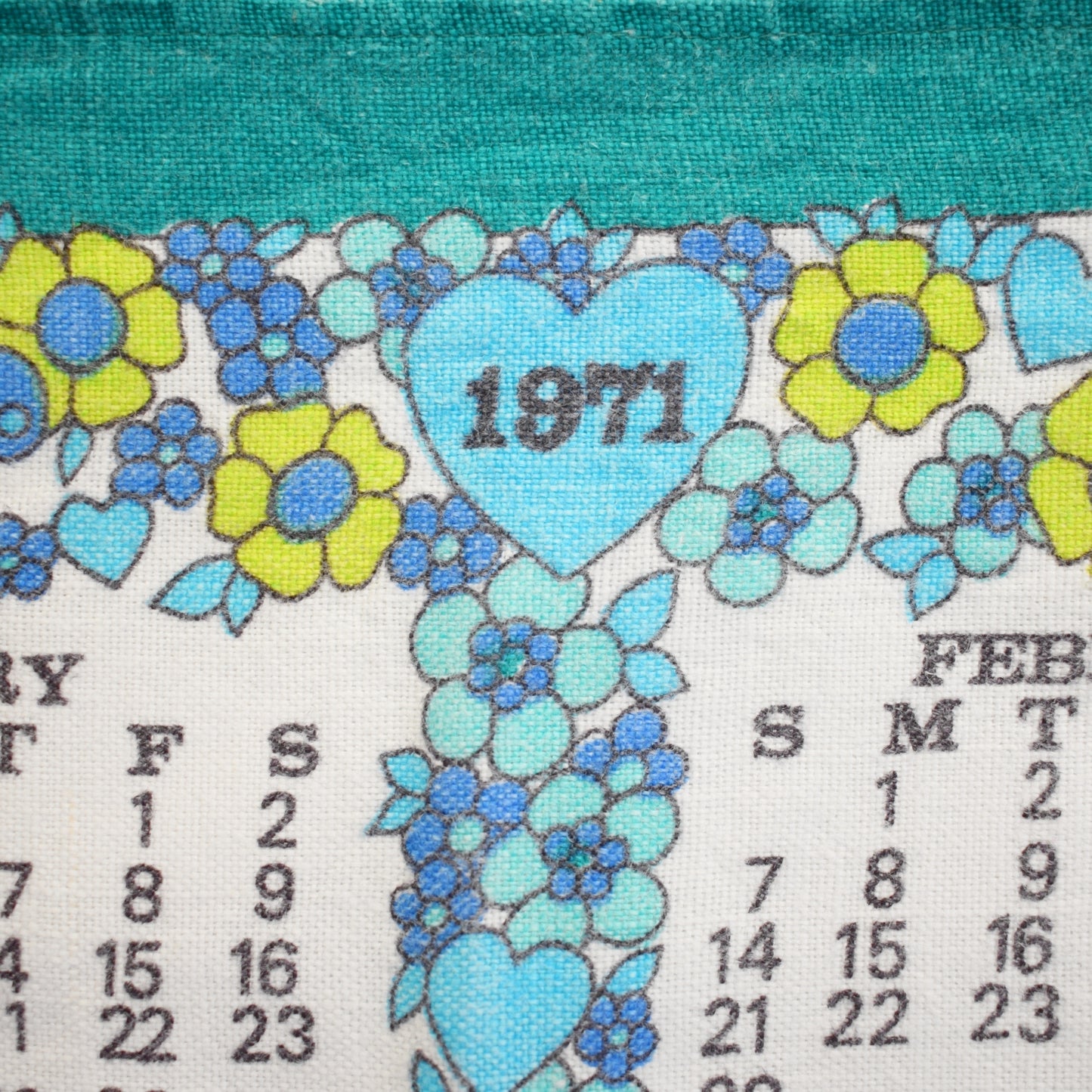 Vintage 1970s Cotton Tea Towel - Calendar - Flower Power 1971