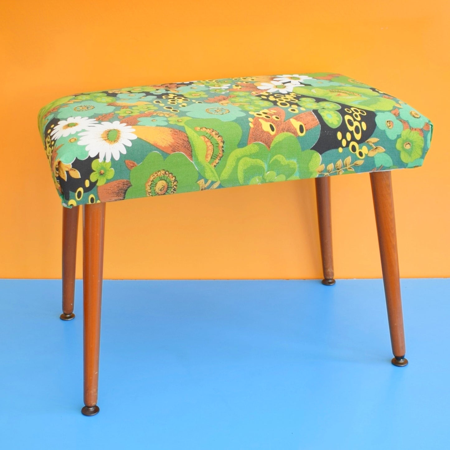 Vintage 1960s Rectangular Stool - Green Flower Canvas