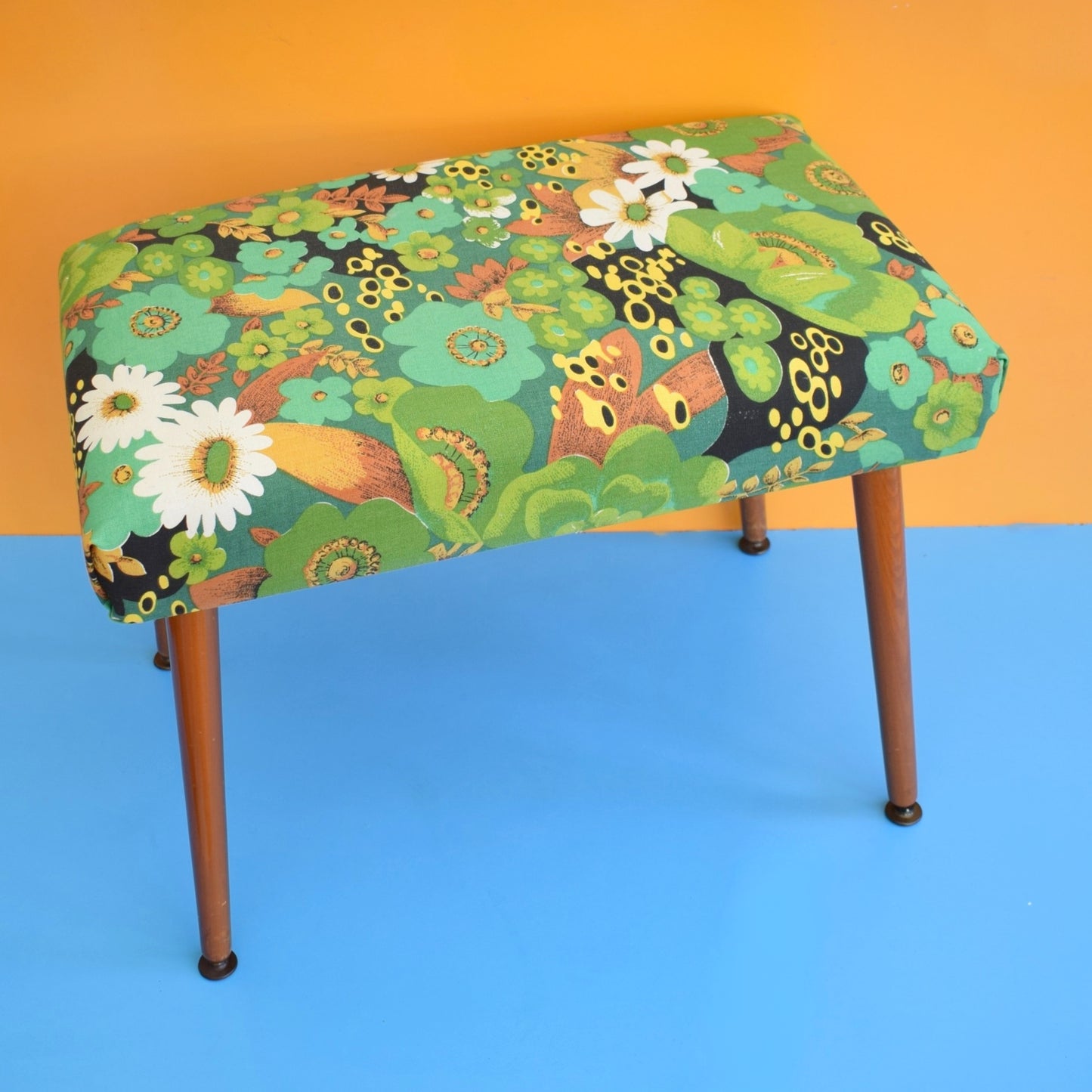 Vintage 1960s Rectangular Stool - Green Flower Canvas