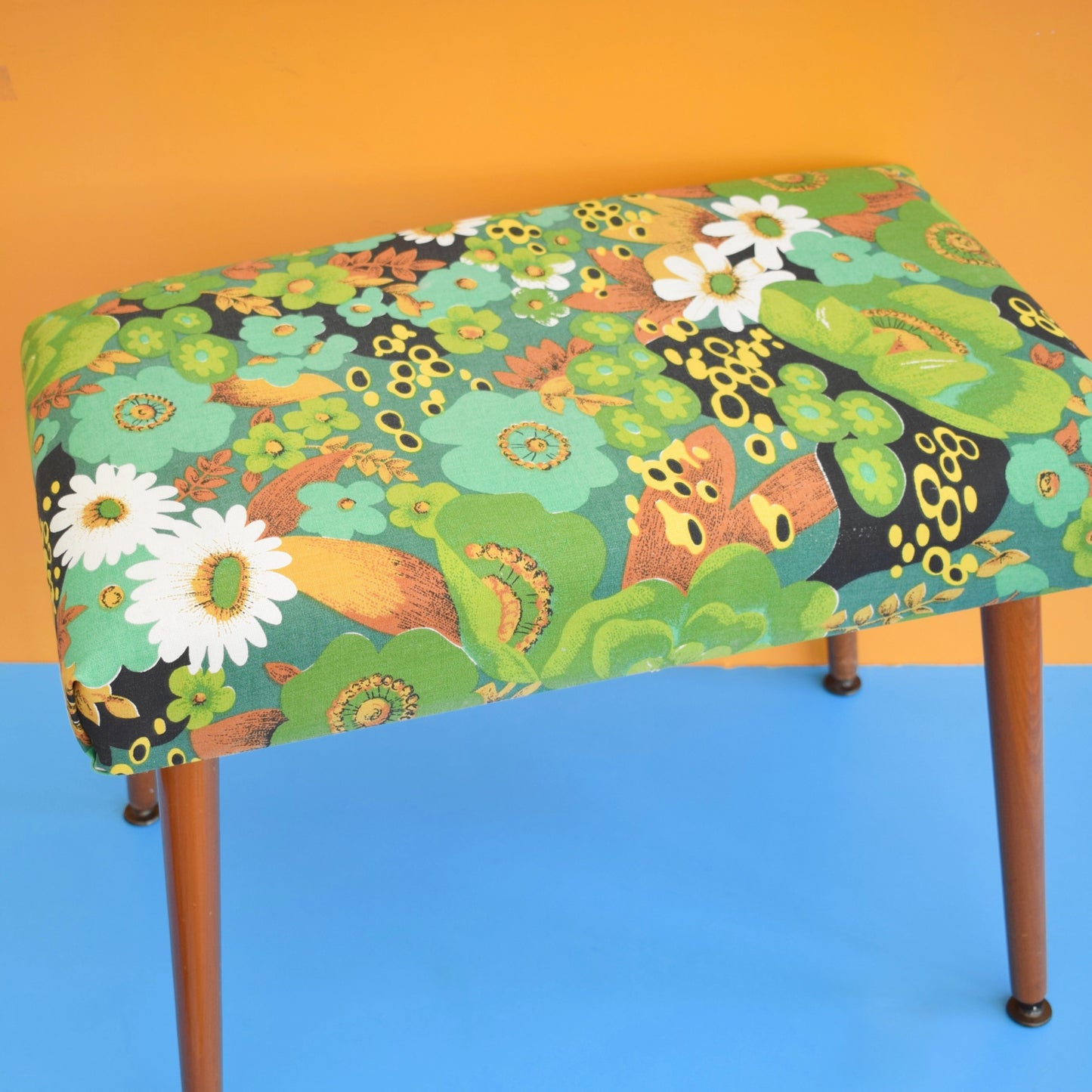 Vintage 1960s Rectangular Stool - Green Flower Canvas