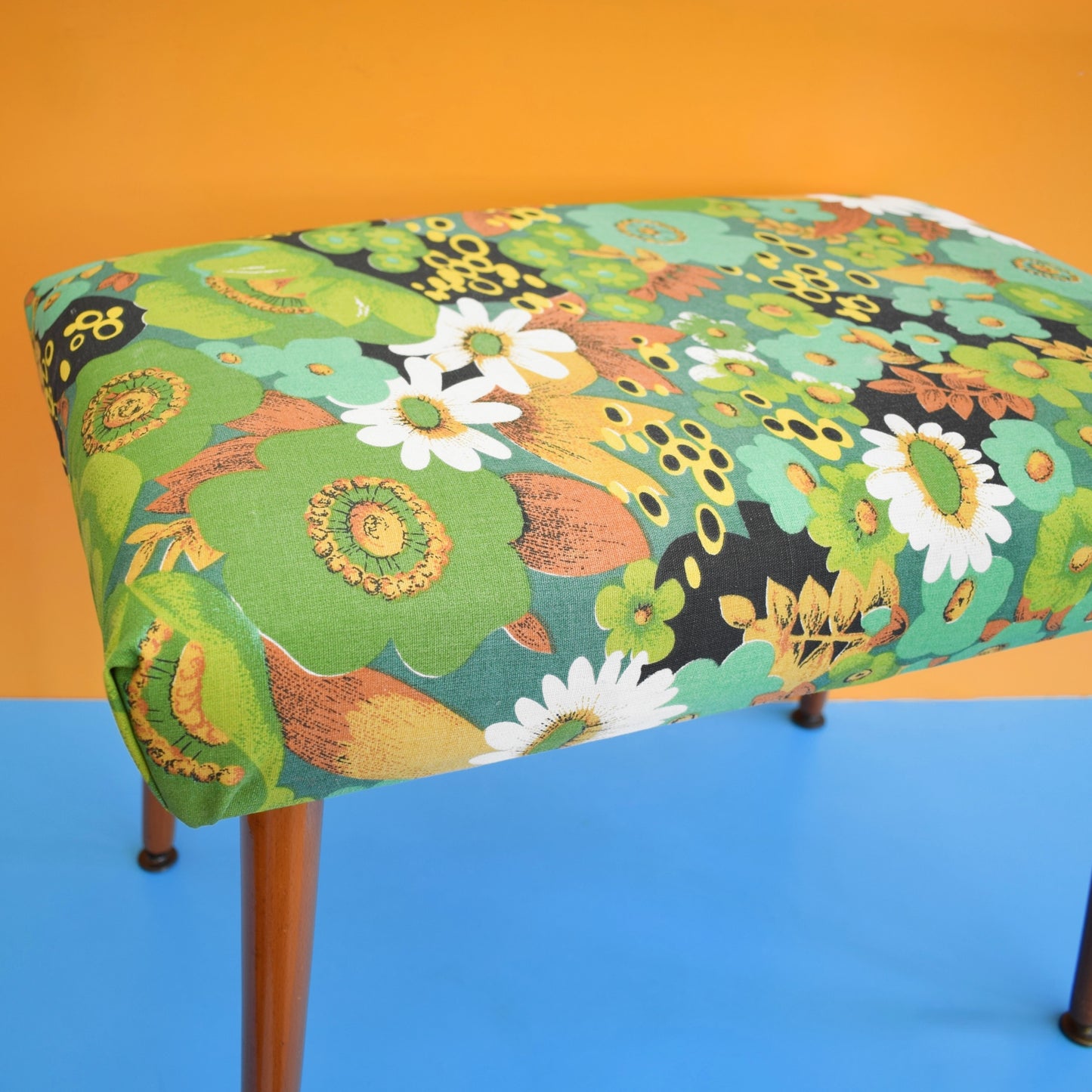 Vintage 1960s Rectangular Stool - Green Flower Canvas
