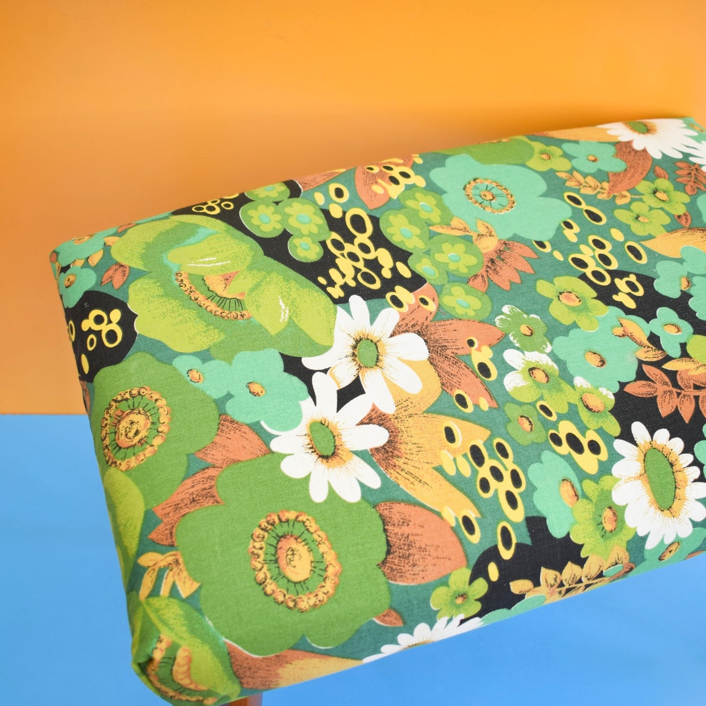 Vintage 1960s Rectangular Stool - Green Flower Canvas