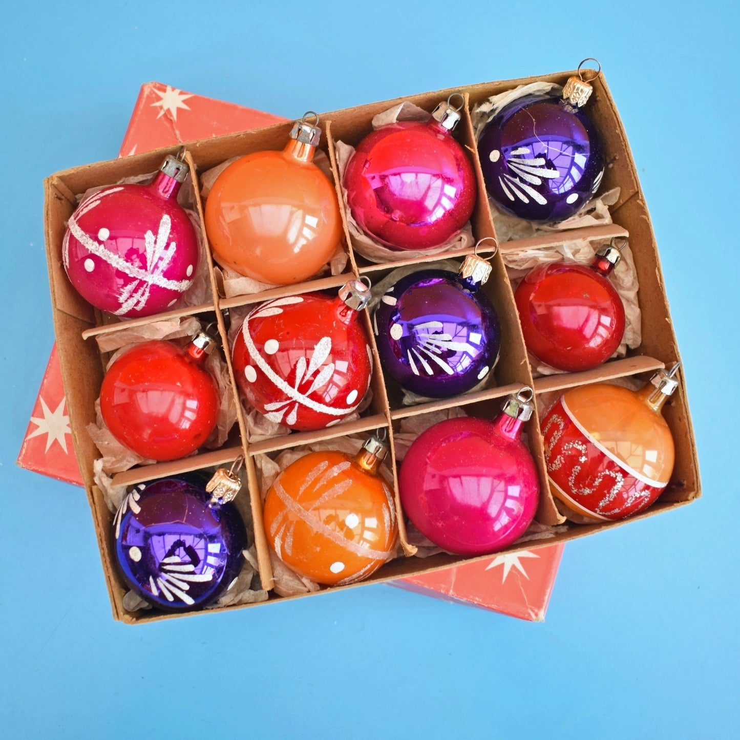 Vintage 1960/ 70s Glass Christmas Baubles - Pink, Orange & Purple