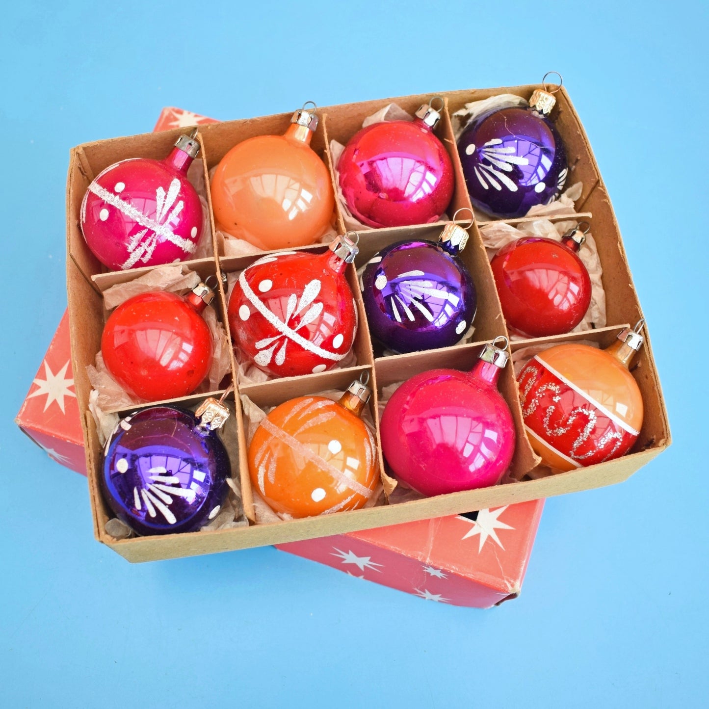 Vintage 1960/ 70s Glass Christmas Baubles - Pink, Orange & Purple