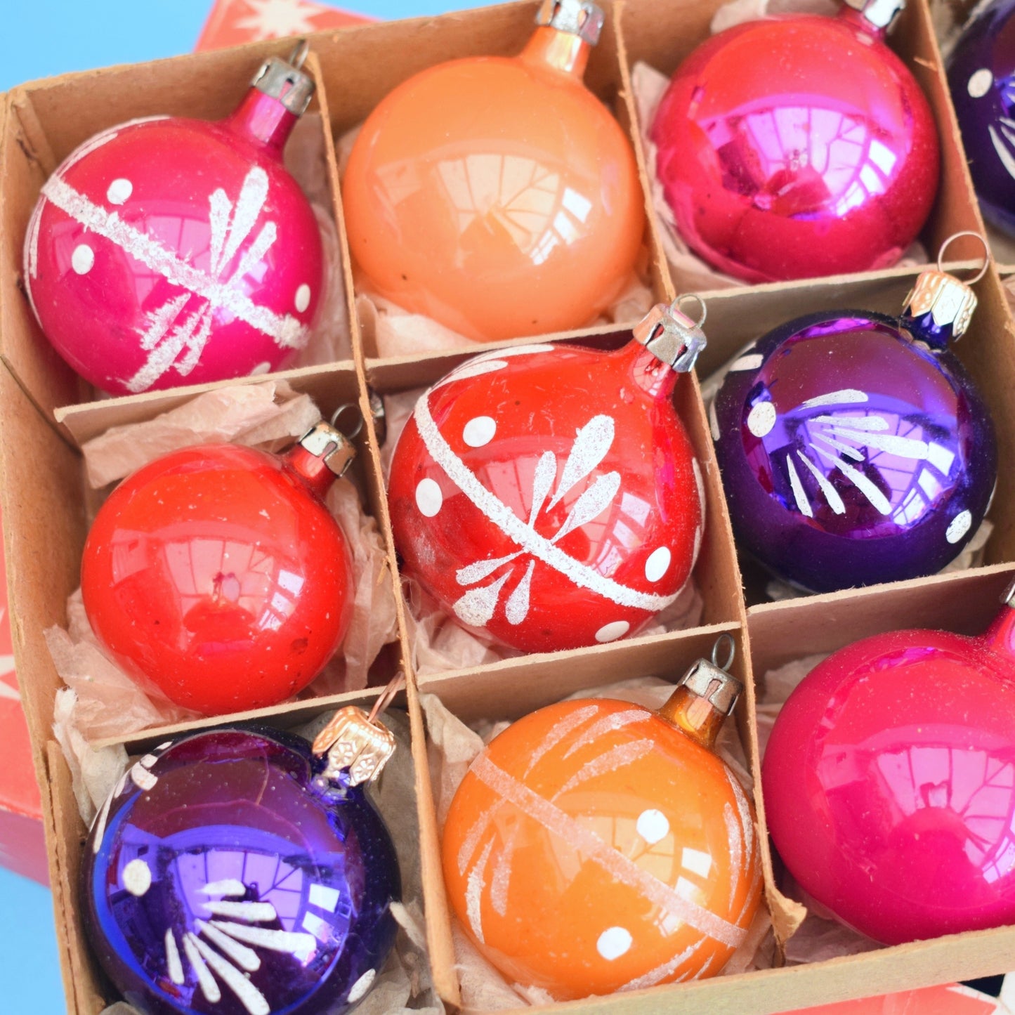 Vintage 1960/ 70s Glass Christmas Baubles - Pink, Orange & Purple