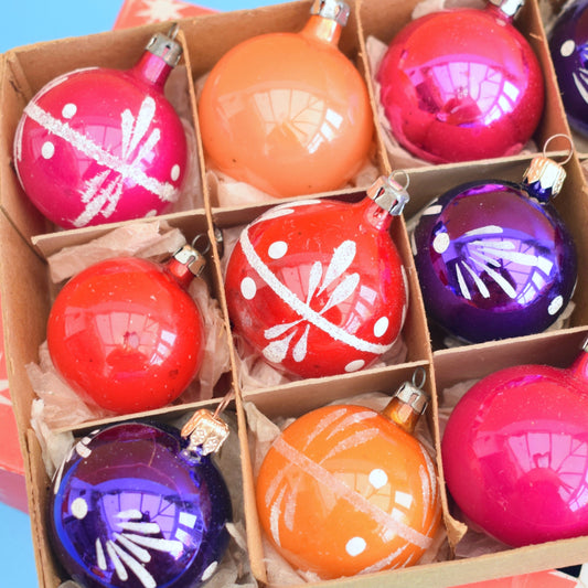 Vintage 1960/ 70s Glass Christmas Baubles - Pink, Orange & Purple