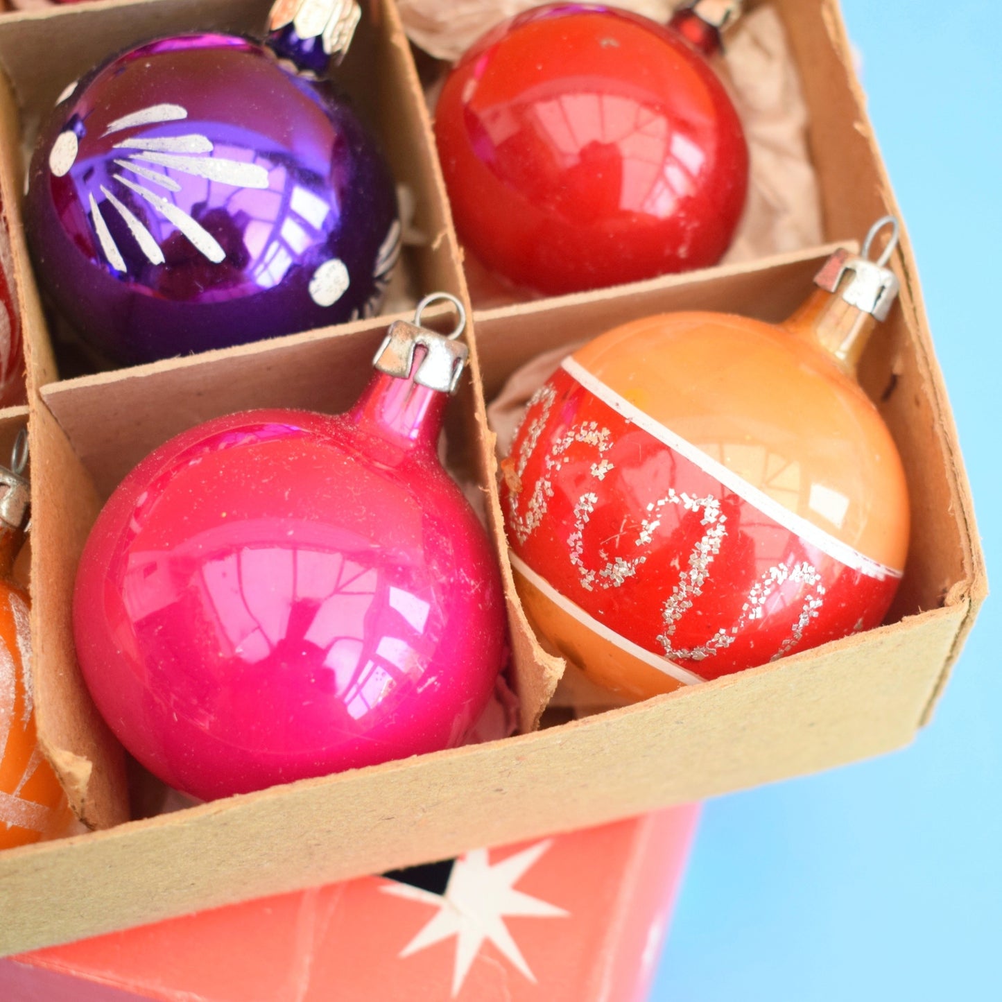 Vintage 1960/ 70s Glass Christmas Baubles - Pink, Orange & Purple