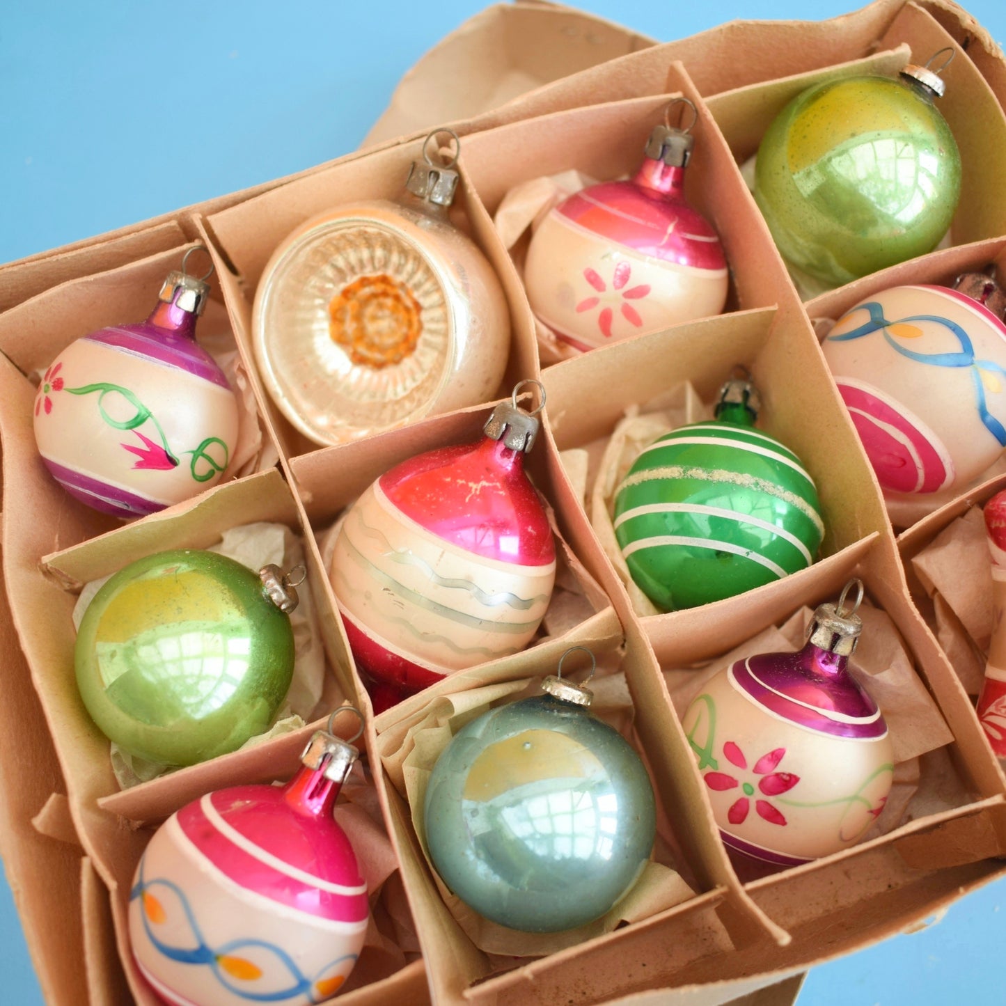 Vintage 1960s Glass Mixed Christmas Baubles - 12 Small