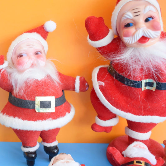 Vintage 1970s Kitsch Flocked Plastic Christmas Decorations - Santas x6
