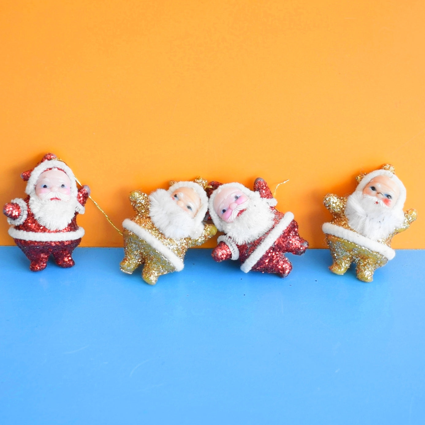 Vintage 1970s Kitsch Christmas Glitter Disco Santa x4