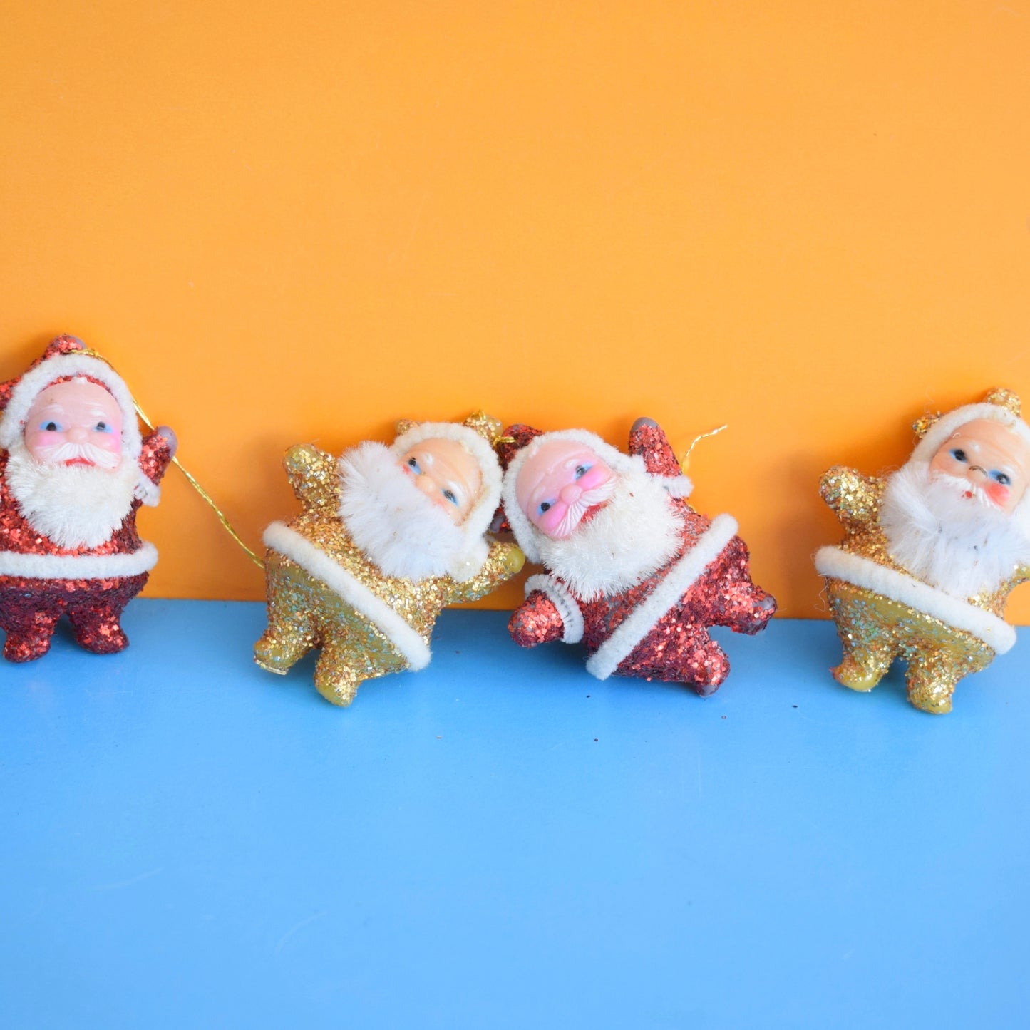Vintage 1970s Kitsch Christmas Glitter Disco Santa x4