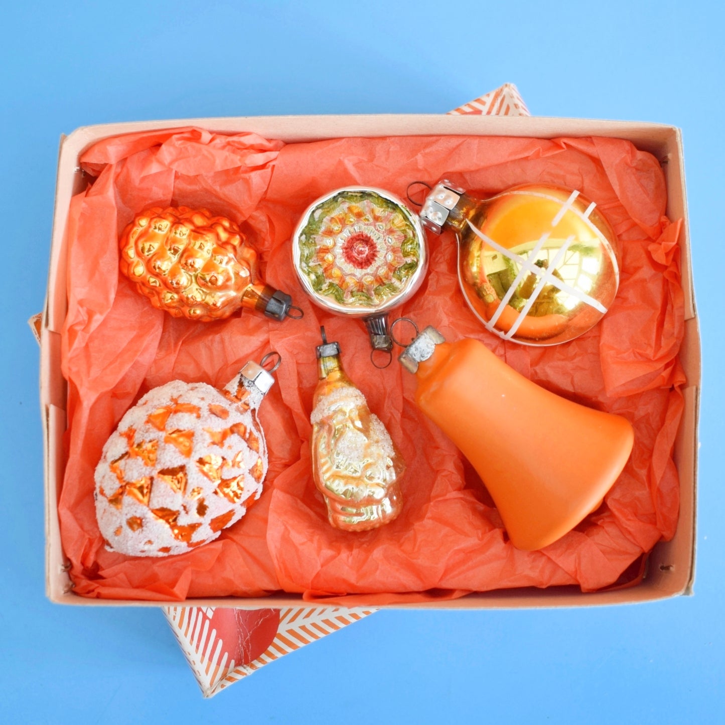 Vintage 1960/ 70s Glass Christmas Baubles -  Orange & Yellow x6 - Fab Box