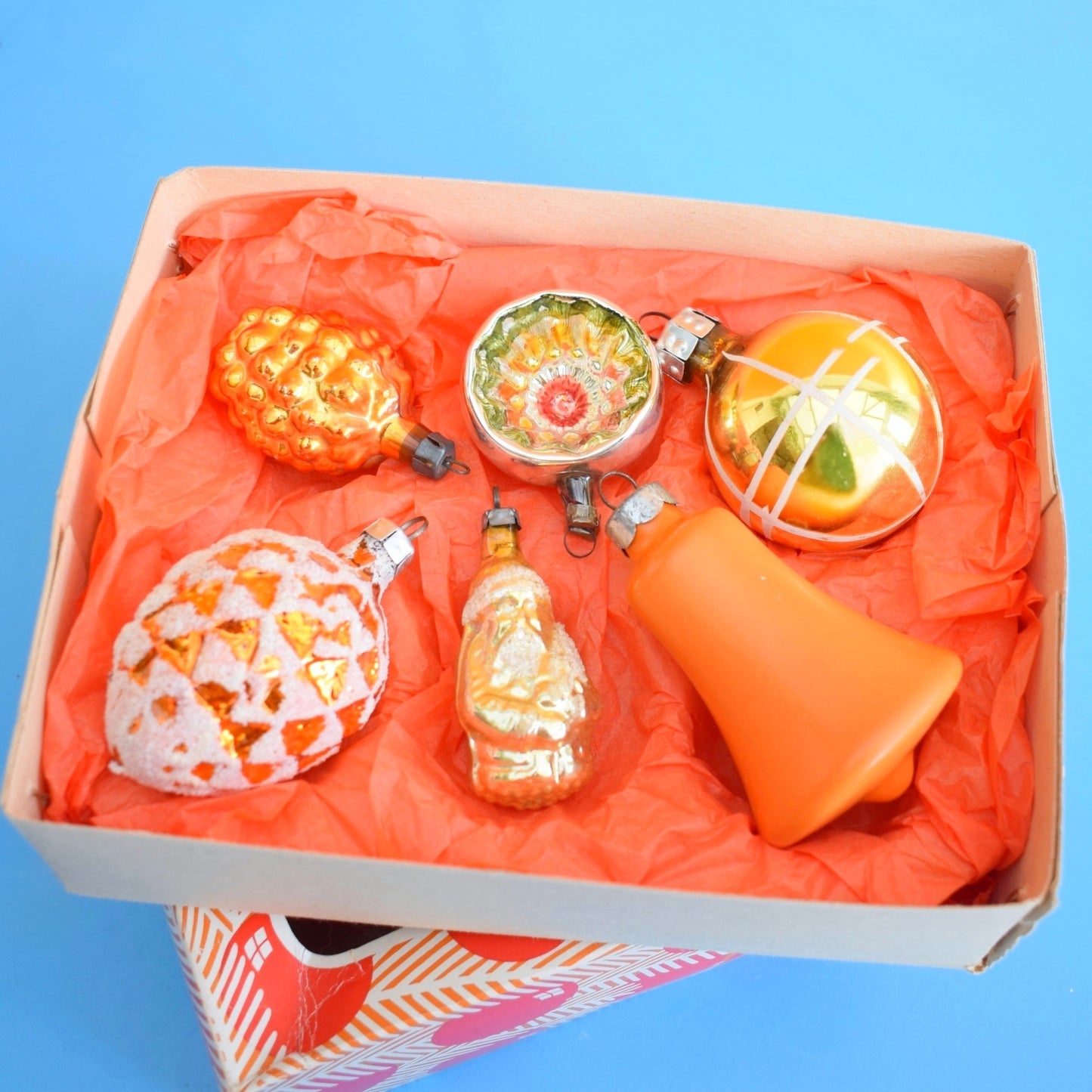 Vintage 1960/ 70s Glass Christmas Baubles -  Orange & Yellow x6 - Fab Box