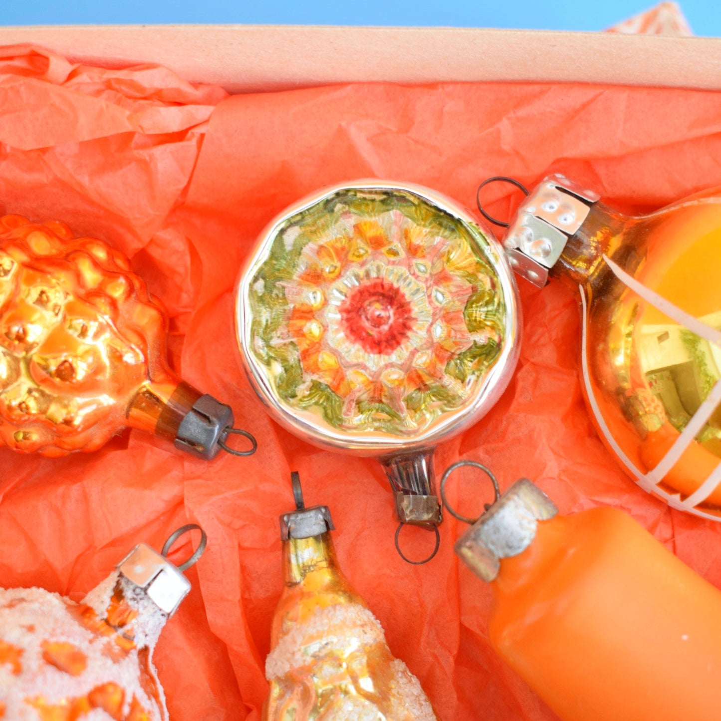 Vintage 1960/ 70s Glass Christmas Baubles -  Orange & Yellow x6 - Fab Box