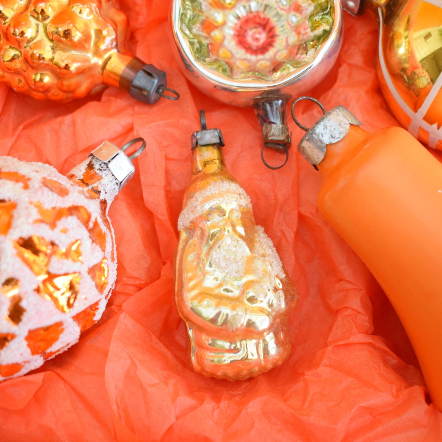 Vintage 1960/ 70s Glass Christmas Baubles -  Orange & Yellow x6 - Fab Box