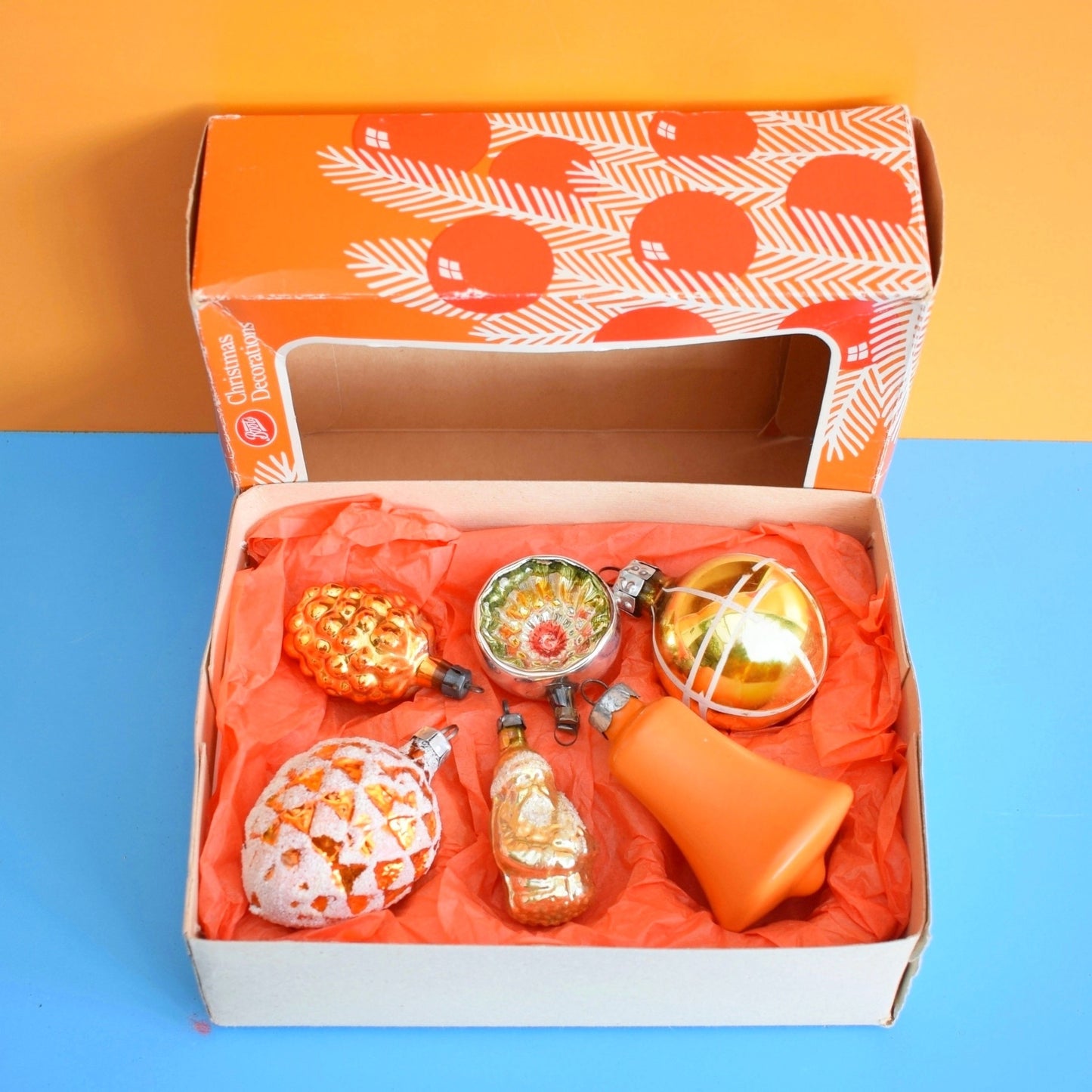 Vintage 1960/ 70s Glass Christmas Baubles -  Orange & Yellow x6 - Fab Box